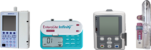 A lineup of four infusion pump models including a Spectrum pole-mounted pump, EnteraLite Infinity enteral pump, CADD-Solis ambulatory pump, and a BD Alaris syringe pump, representing InfuSystem's large selection of infusion pumps for sale and rental.