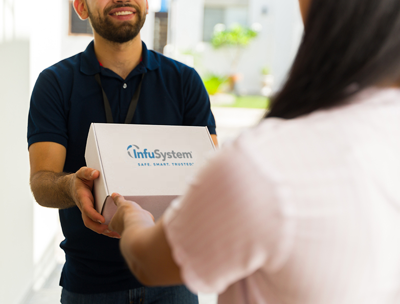 A man hands a box to a woman, symbolizing reliable delivery of wound care products from Apollo Medical Supply.