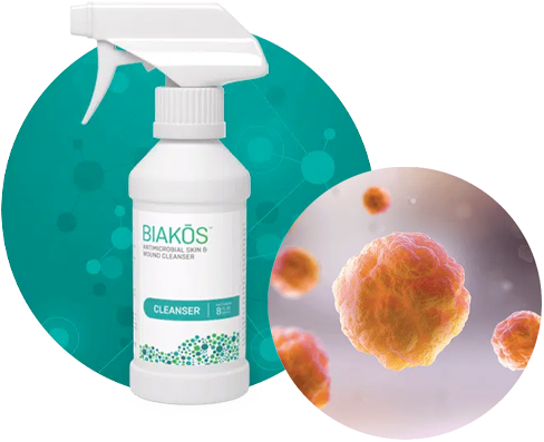 Bottle of BIAKŌS® ANTIMICROBIAL SKIN & WOUND CLEANSER Mechanical Cleansing and Removal of Debris, Dirt and Foreign Materials, with a Microbial Image Next to It