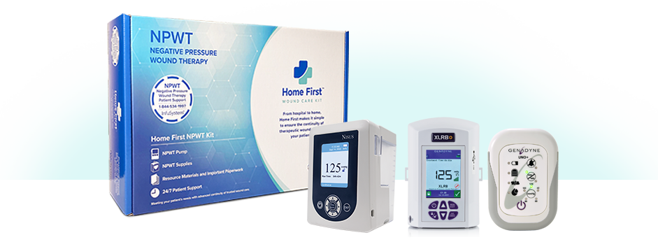 Image of Home First® Wound Care Kit Box and three pumps which provides Negative Pressure Wound Therapy (NPWT) Custom Solutions for Complex Wounds