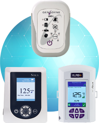 Image of the Genadyne UNO+ NPWT System, the Cork Medical Nisus® NPWT System, and the Genadyne XLR8+ NPWT System