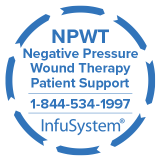 Badge That Reads "InfuSystem NPWT Negative Pressure Wound Therapy Patient Support 1-844-534-1997"